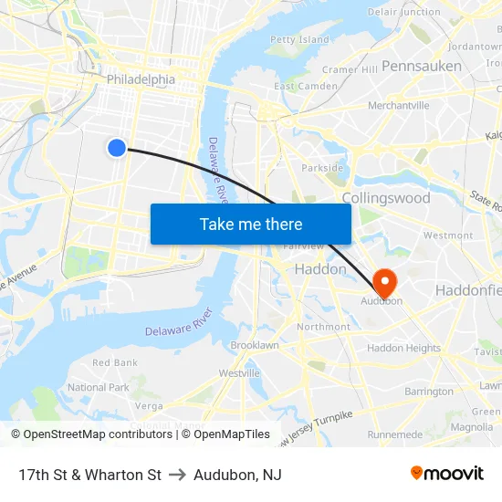 17th St & Wharton St to Audubon, NJ map