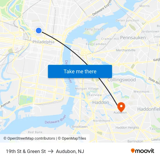 19th St & Green St to Audubon, NJ map