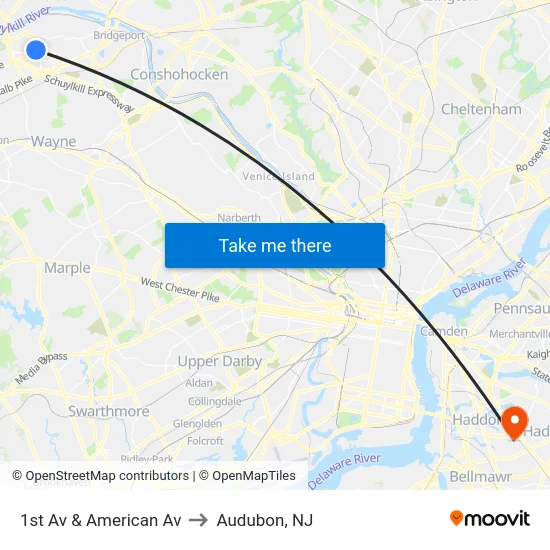 1st Av & American Av to Audubon, NJ map