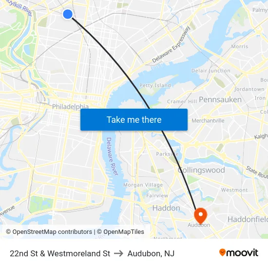 22nd St & Westmoreland St to Audubon, NJ map