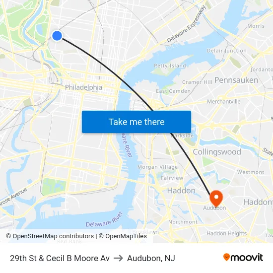 29th St & Cecil B Moore Av to Audubon, NJ map