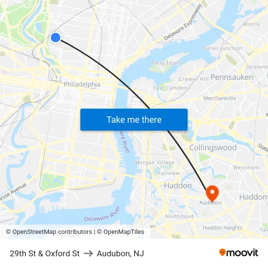 29th St & Oxford St to Audubon, NJ map