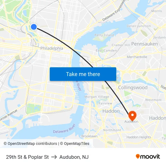 29th St & Poplar St to Audubon, NJ map