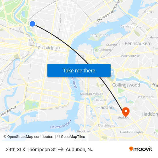 29th St & Thompson St to Audubon, NJ map
