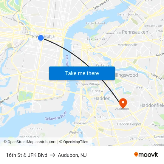 16th St & JFK Blvd to Audubon, NJ map