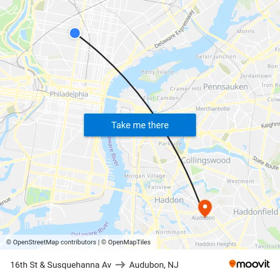 16th St & Susquehanna Av to Audubon, NJ map