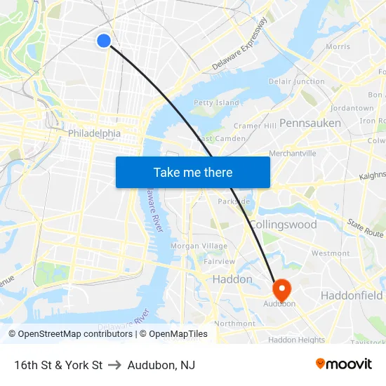 16th St & York St to Audubon, NJ map
