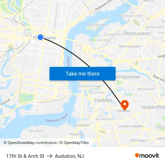 17th St & Arch St to Audubon, NJ map