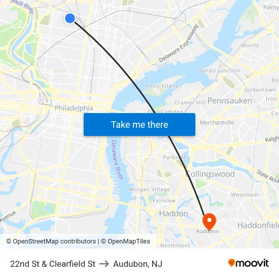 22nd St & Clearfield St to Audubon, NJ map