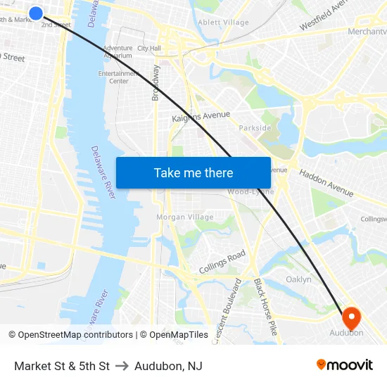 Market St & 5th St to Audubon, NJ map