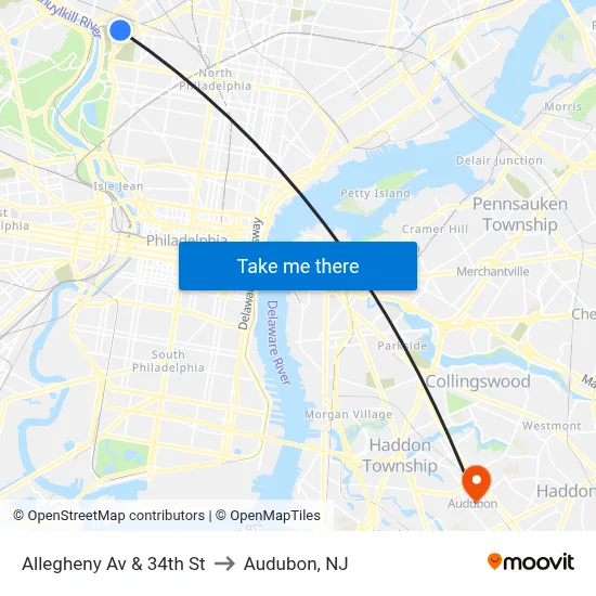 Allegheny Av & 34th St to Audubon, NJ map