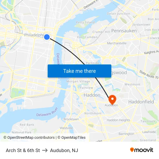 Arch St & 6th St to Audubon, NJ map