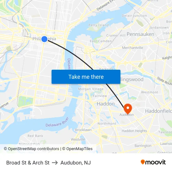 Broad St & Arch St to Audubon, NJ map