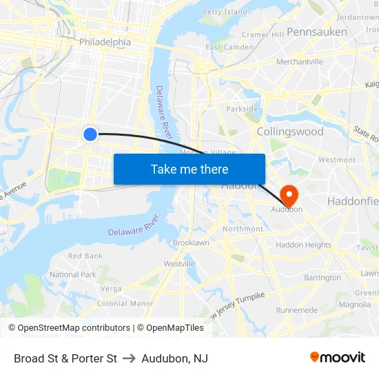 Broad St & Porter St to Audubon, NJ map