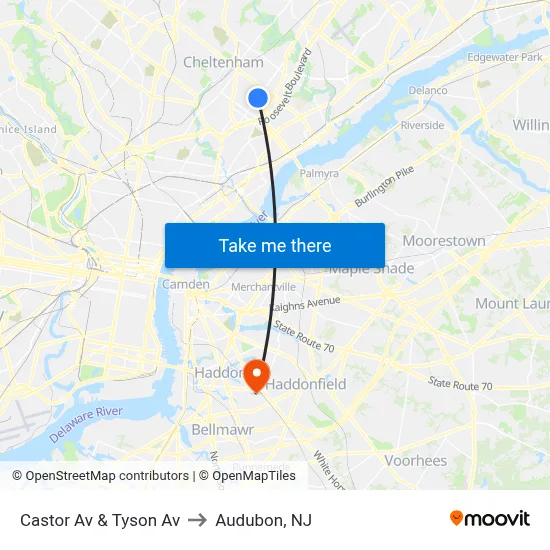 Castor Av & Tyson Av to Audubon, NJ map