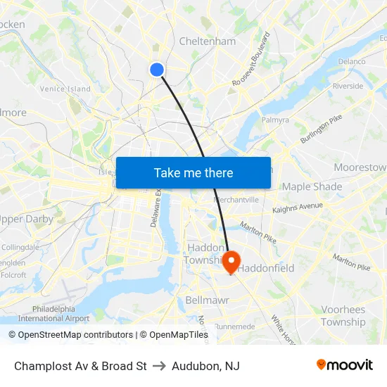 Champlost Av & Broad St to Audubon, NJ map