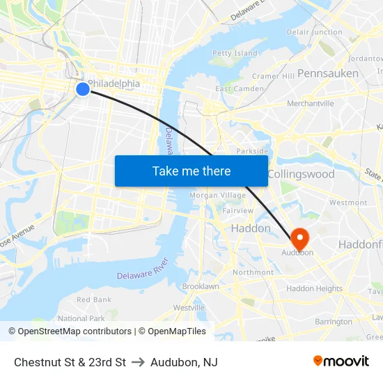 Chestnut St & 23rd St to Audubon, NJ map