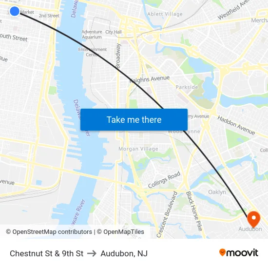 Chestnut St & 9th St to Audubon, NJ map