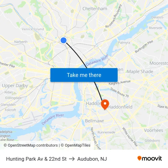 Hunting Park Av & 22nd St to Audubon, NJ map