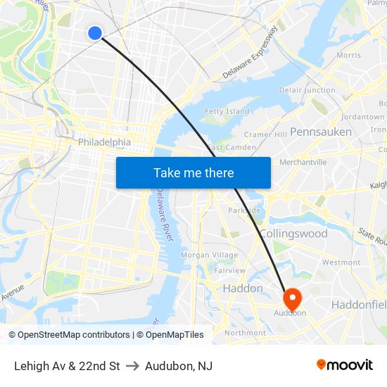 Lehigh Av & 22nd St to Audubon, NJ map