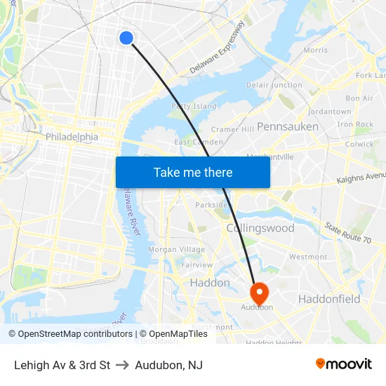 Lehigh Av & 3rd St to Audubon, NJ map