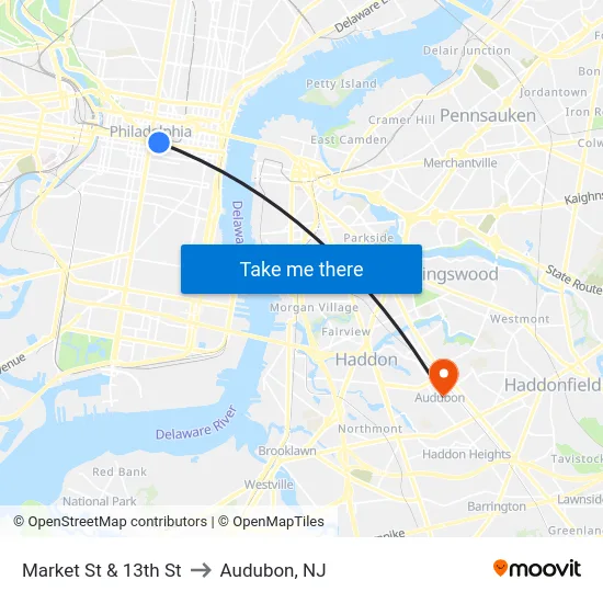 Market St & 13th St to Audubon, NJ map