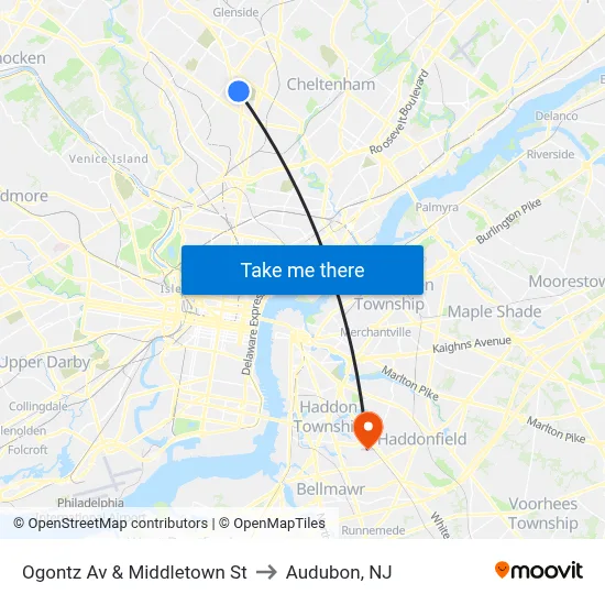 Ogontz Av & Middletown St to Audubon, NJ map
