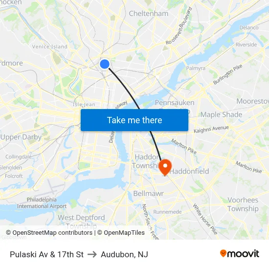 Pulaski Av & 17th St to Audubon, NJ map
