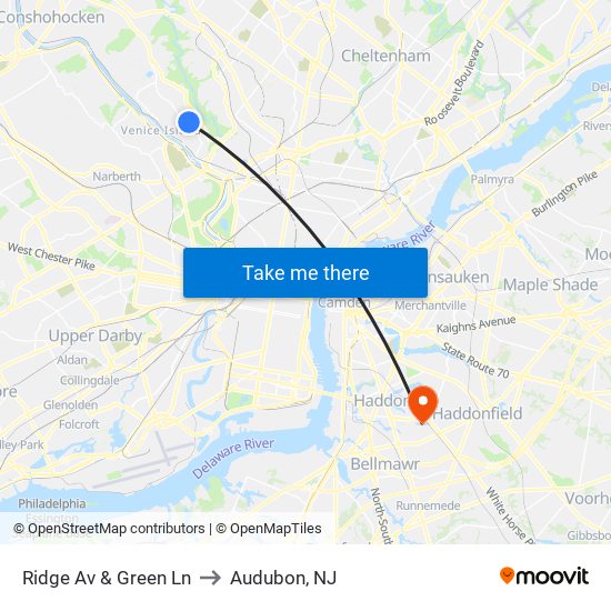 Ridge Av & Green Ln to Audubon, NJ map