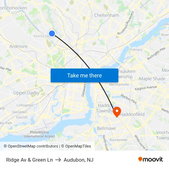 Ridge Av & Green Ln to Audubon, NJ map