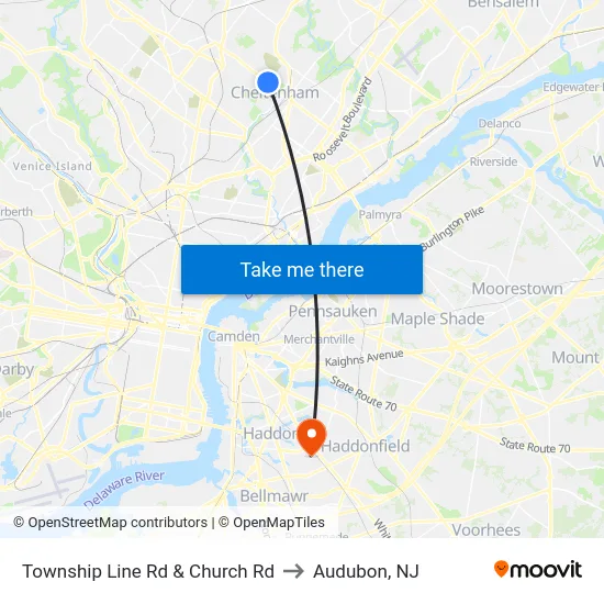 Township Line Rd & Church Rd to Audubon, NJ map