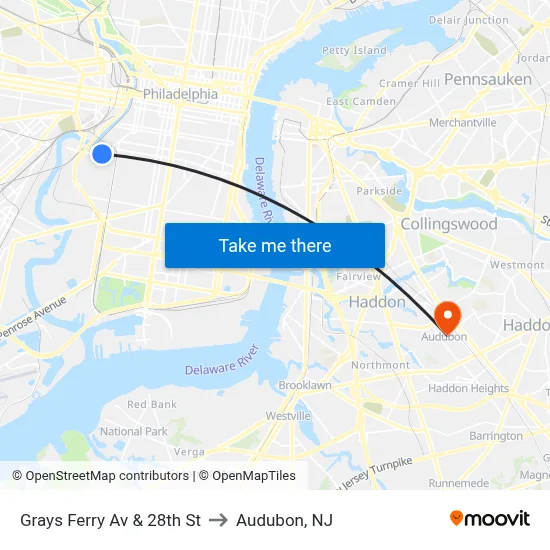 Grays Ferry Av & 28th St to Audubon, NJ map