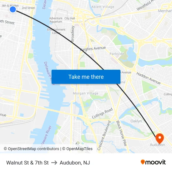 Walnut St & 7th St to Audubon, NJ map