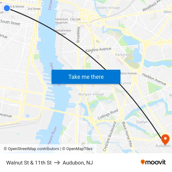 Walnut St & 11th St to Audubon, NJ map