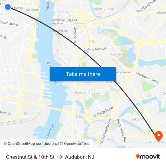 Chestnut St & 10th St to Audubon, NJ map