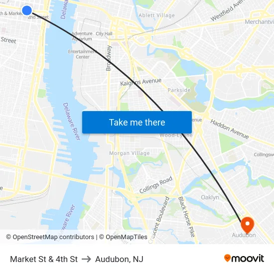Market St & 4th St to Audubon, NJ map