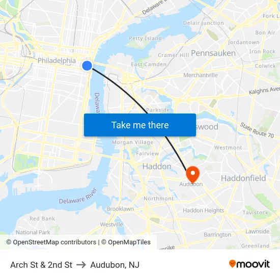 Arch St & 2nd St to Audubon, NJ map