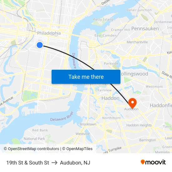 19th St & South St to Audubon, NJ map