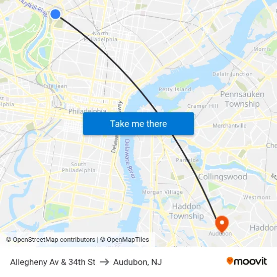 Allegheny Av & 34th St to Audubon, NJ map
