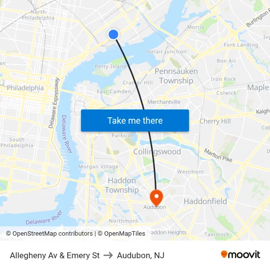 Allegheny Av & Emery St to Audubon, NJ map