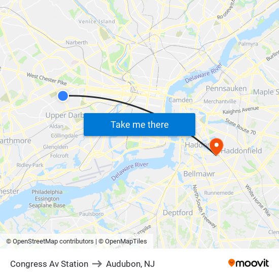 Congress Av Station to Audubon, NJ map