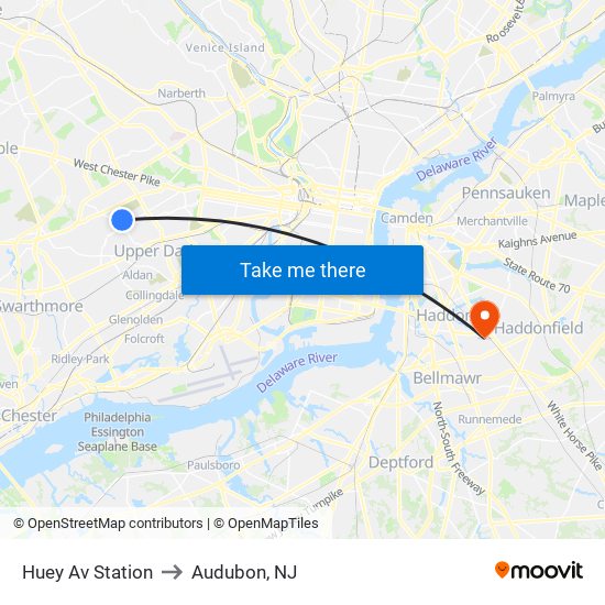 Huey Av Station to Audubon, NJ map
