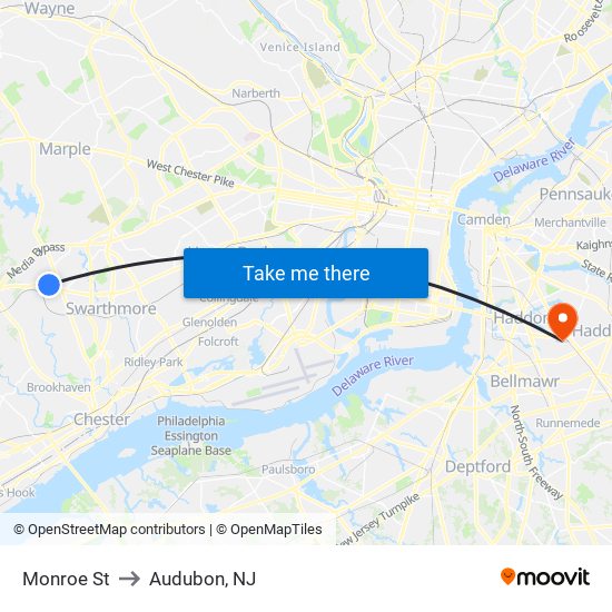 Monroe St to Audubon, NJ map