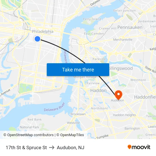 17th St & Spruce St to Audubon, NJ map