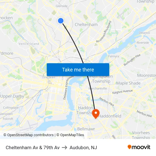 Cheltenham Av & 79th Av to Audubon, NJ map
