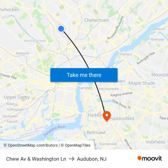 Chew Av & Washington Ln to Audubon, NJ map