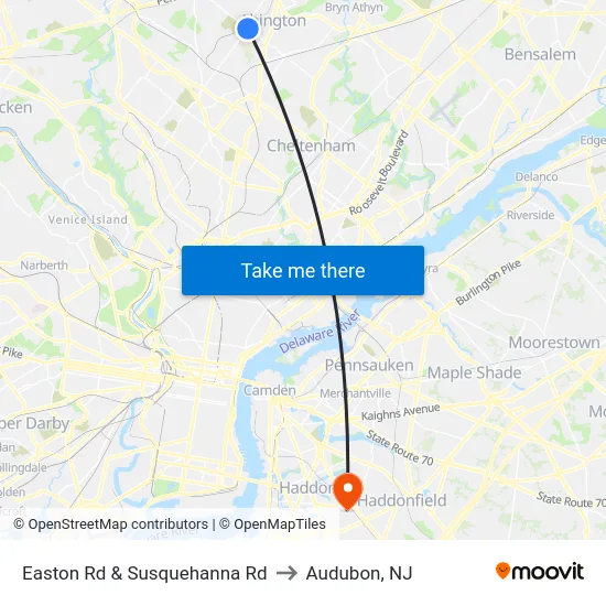 Easton Rd & Susquehanna Rd to Audubon, NJ map