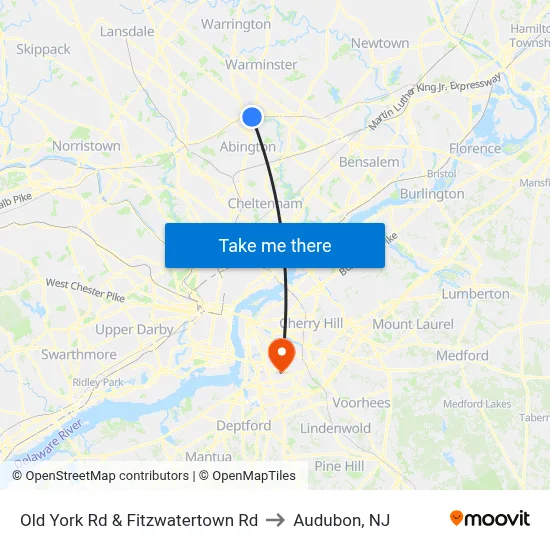 Old York Rd & Fitzwatertown Rd to Audubon, NJ map