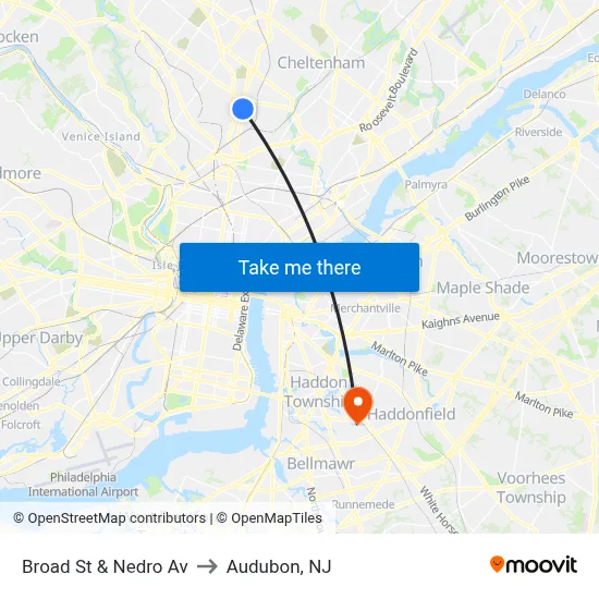 Broad St & Nedro Av to Audubon, NJ map