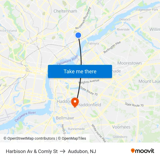 Harbison Av & Comly St to Audubon, NJ map